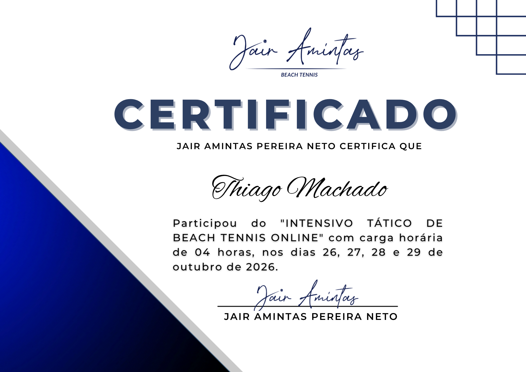 Modelo de certificado de participação do Intensivo Tático Online de Beach Tennis